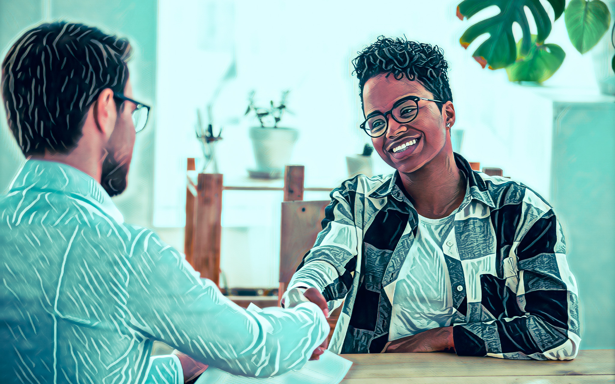 Happy confident african applicant shaking hand of hr getting hir